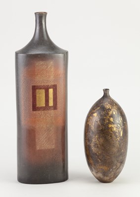 Lot 99 - ANNE JAMES (born 1937); a tall raku bottle...