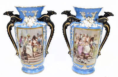 Lot 445 - A large pair of late 19th century French porcelain blue ground vases