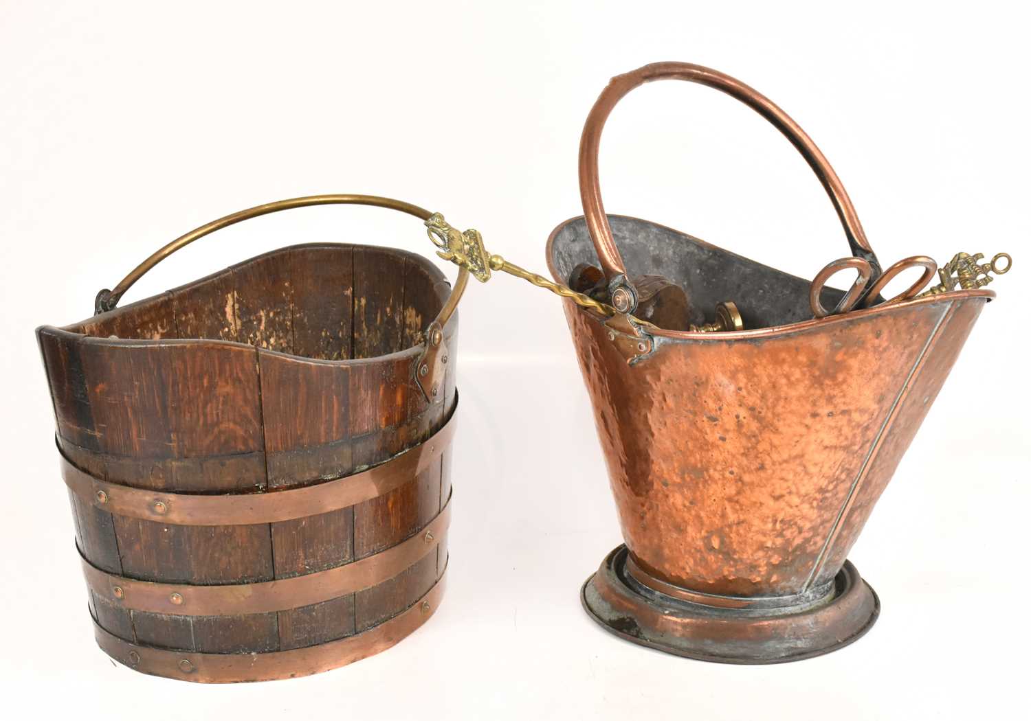 Lot 1154 - A copper coal bucket, together with a oak and...