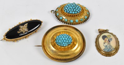 Lot 633 - Two yellow metal brooches set with turquoise...
