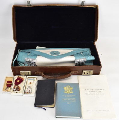 Lot 159 - A Masonic leather case with aprons, regalia...