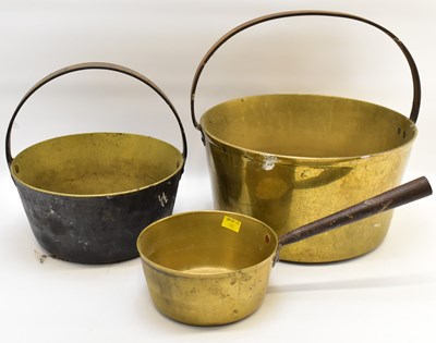 Lot 184 - Two brass and steel jam pans, diameters 33.5cm...