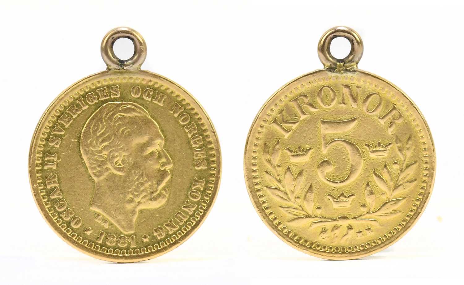 Lot 1892 - An 1881 Swedish gold 5 krona with ring loop...