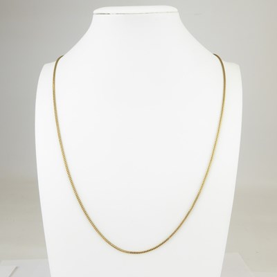Lot 1146 - A 9ct gold box link necklace with hoop clasp,...