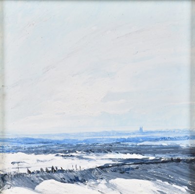 Lot 763 - PETER HODSON; oil on board, winter scene,...