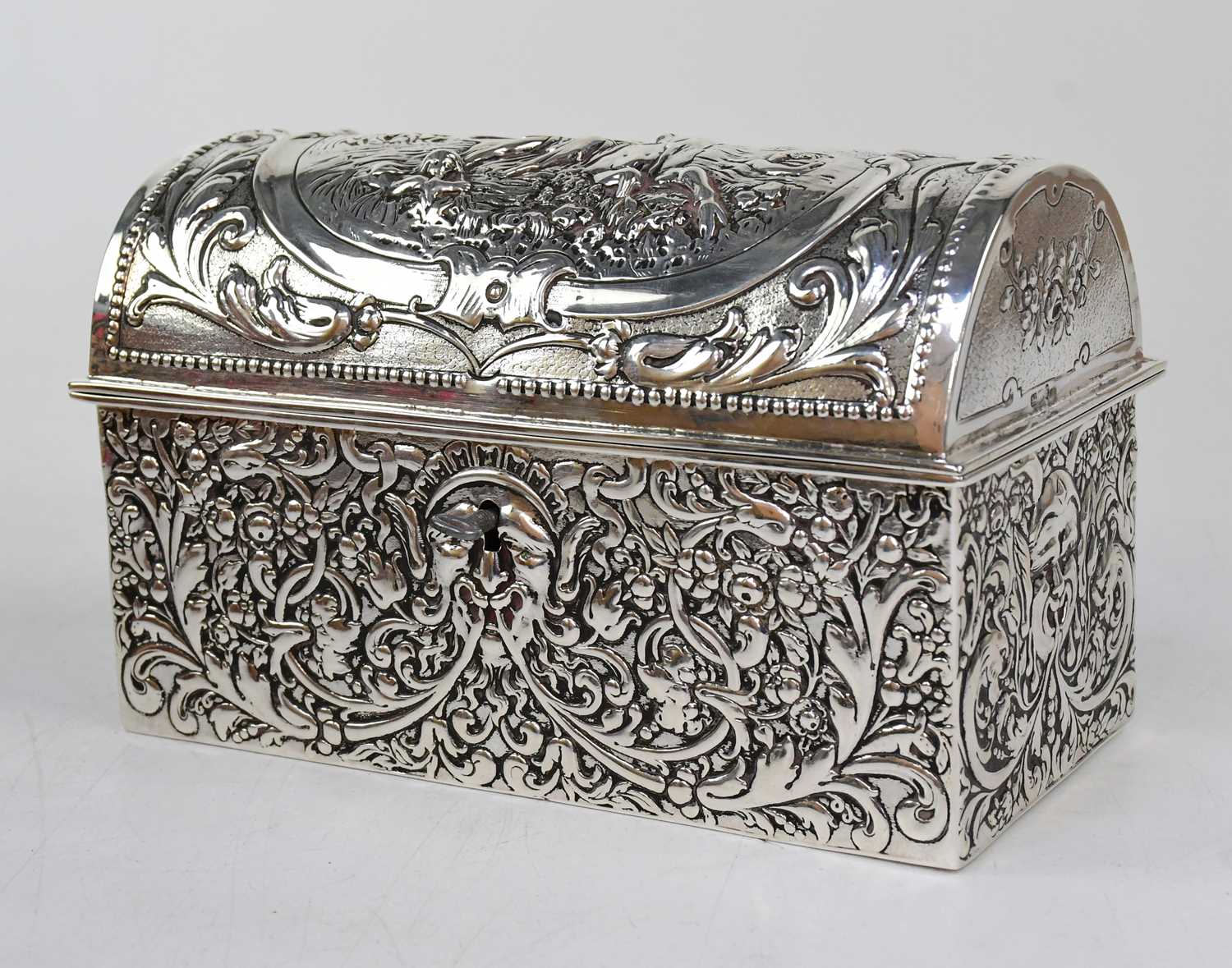 Lot 738 - A Continental silver casket with domed lid...