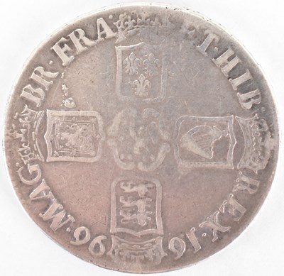 Lot 804 - A William III milled silver crown 1697, third...