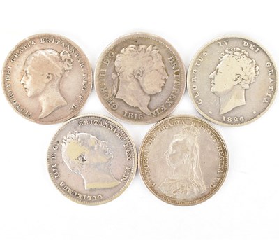 Lot 816 - Five silver shillings comprising 1888 Jubilee...