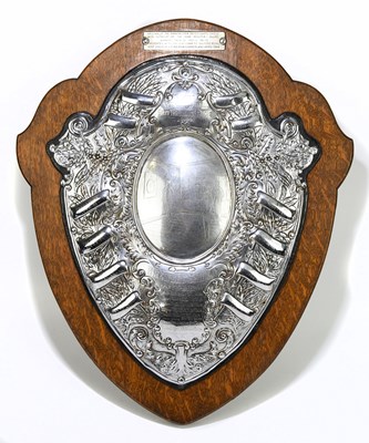 Lot 356 - DARTS INTEREST; an oak backed silver plated...