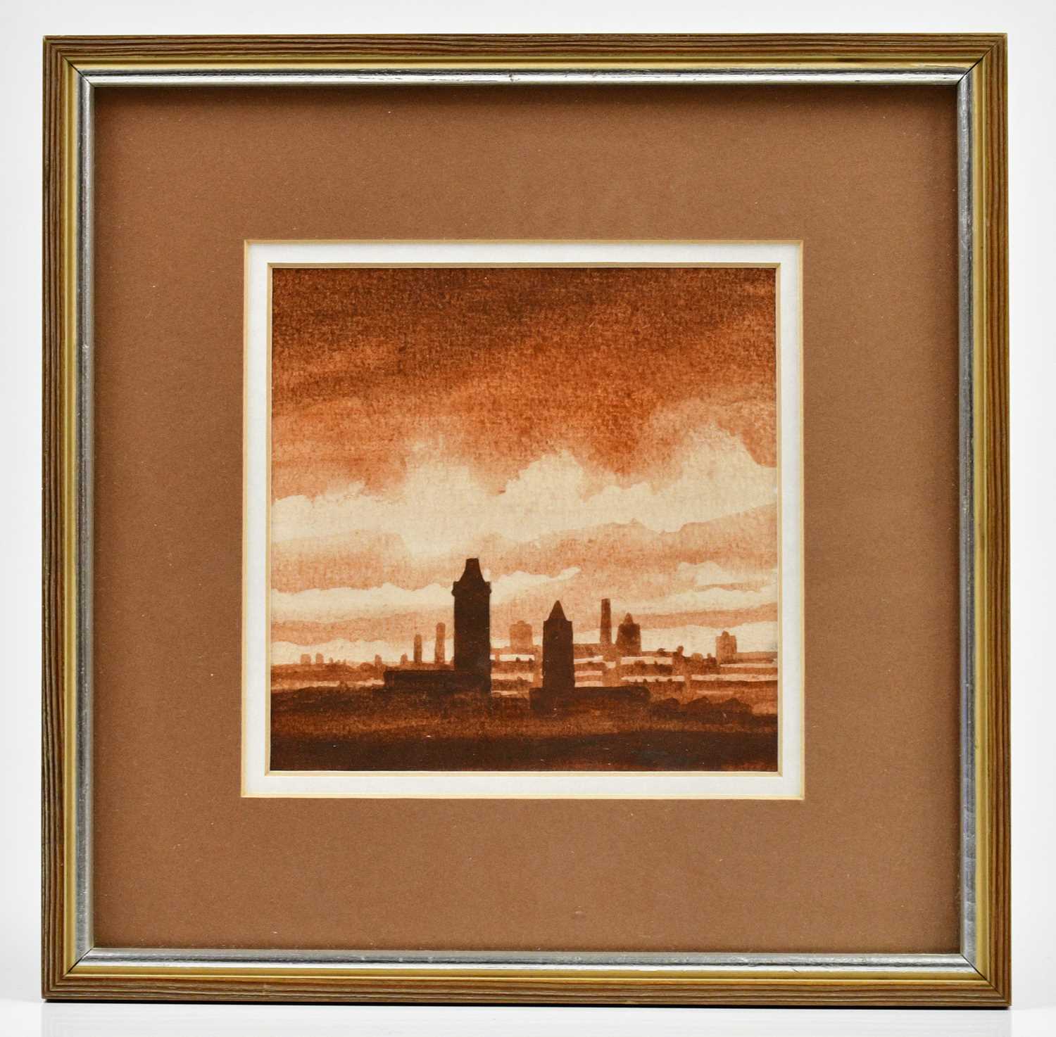 Lot 92 - TREVOR GRIMSHAW (1947-2001); watercolour, 'Mill Towers', signed, 12 x 12cm, bears Tib Lane Gallery label verso, framed and glazed.