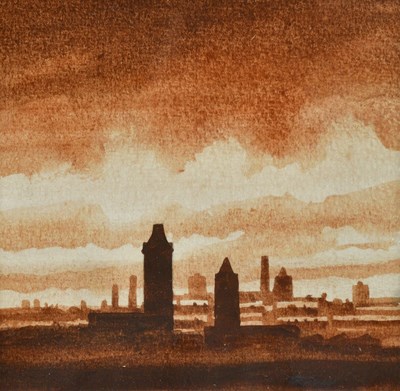 Lot 92 - TREVOR GRIMSHAW (1947-2001); watercolour, 'Mill Towers', signed, 12 x 12cm, bears Tib Lane Gallery label verso, framed and glazed.
