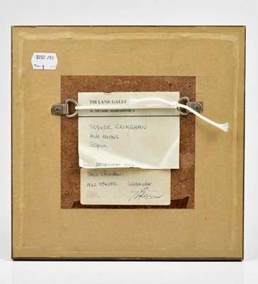 Lot 92 - TREVOR GRIMSHAW (1947-2001); watercolour, 'Mill Towers', signed, 12 x 12cm, bears Tib Lane Gallery label verso, framed and glazed.