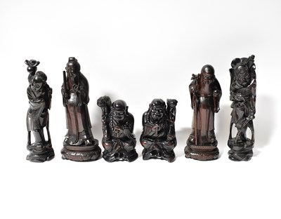 Lot 337 - Three pairs of c.1900 carved wooden Oriental...