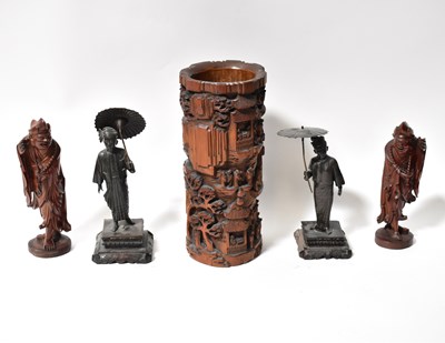 Lot 353 - A 20th century Chinese carved bamboo brush pot,...
