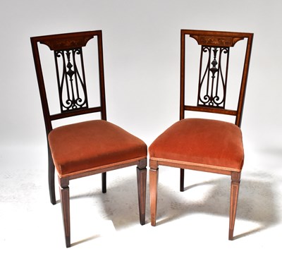 Lot 18 - Four Edwardian mahogany inlaid dining chairs...