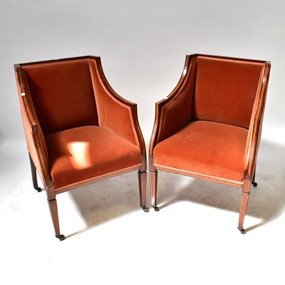 Lot 14 - A pair of Edwardian mahogany inlaid tub chairs...