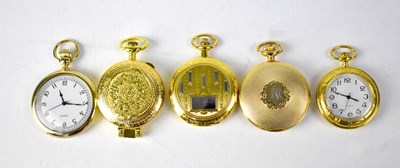 Lot 1102 - Five gold plated quartz pocket watches