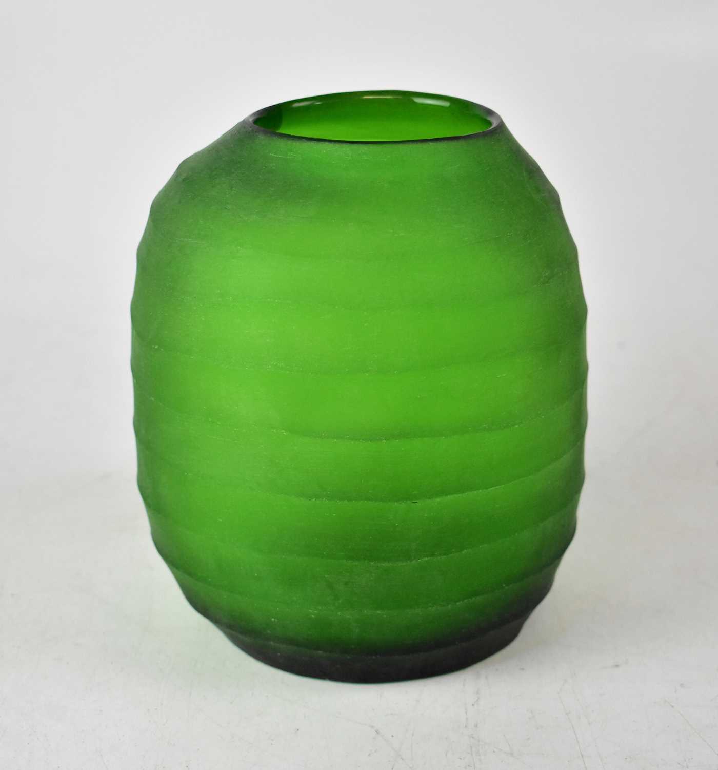 Lot 309 - GUAXS; a baluster green ribbed glass vase,...