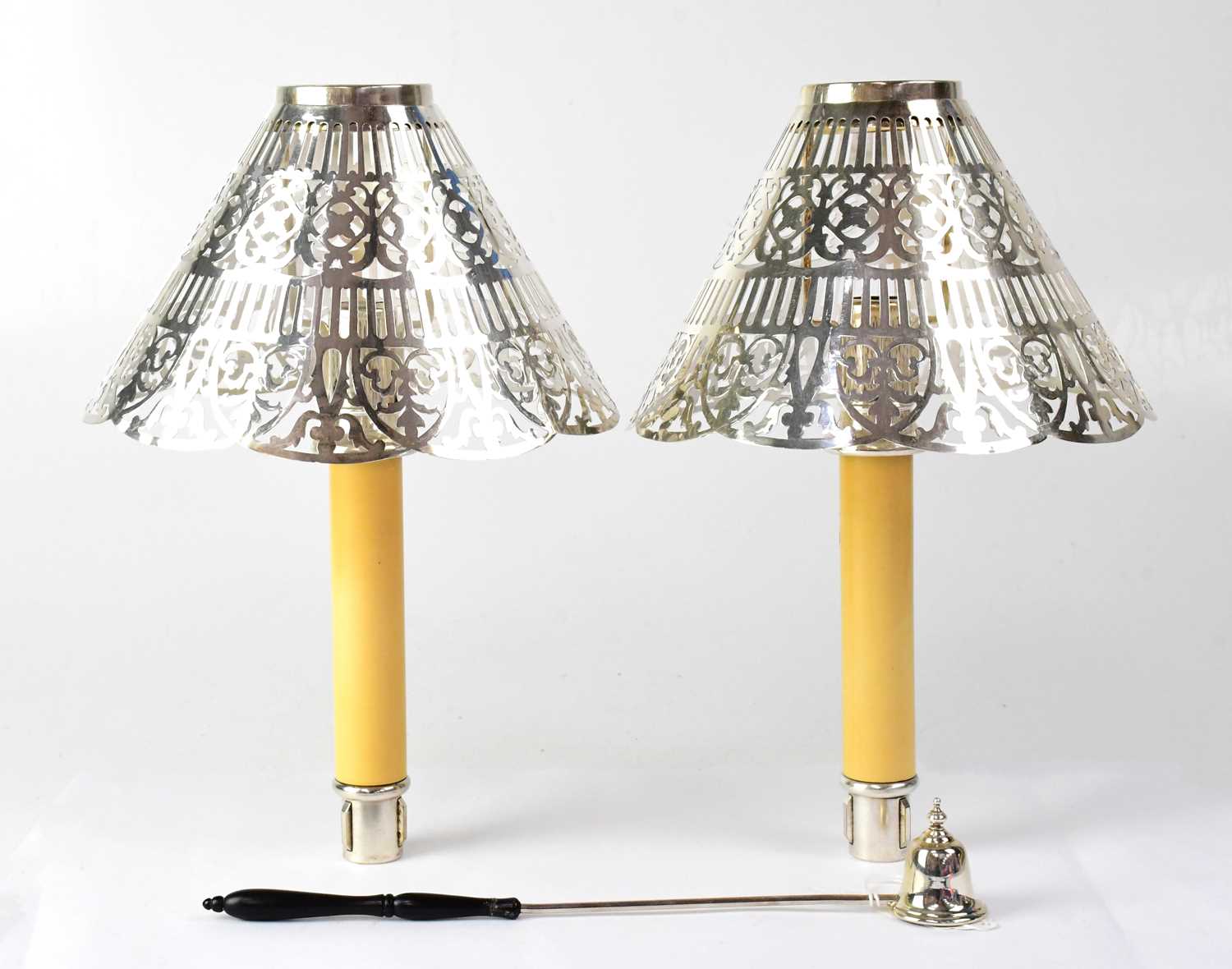 Lot 718 - GORHAM; a pair of silver pierced candle lamp...