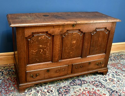 Lot 2516 - An 18th century oak panelled front coffer with...