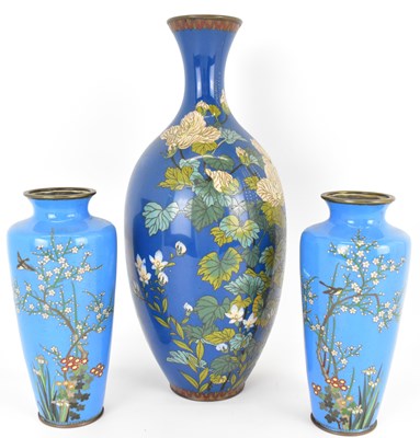 Lot 351 - A pair of blue cloisonné vases of tapered form,...