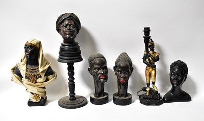 Lot 139 - Five figural busts, together with a lamp in...