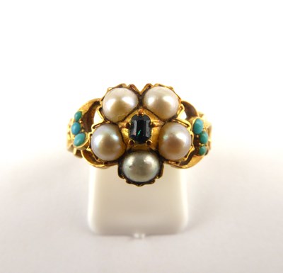 Lot 854 - A 19th century 18ct gold emerald, pearl and...