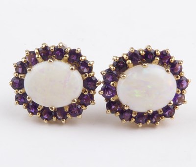 Lot 1173 - A pair of 9ct gold opal and amethyst earrings,...