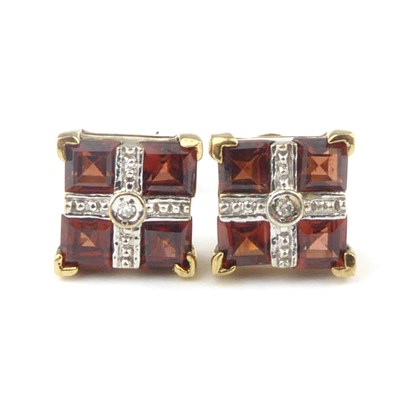 Lot 1183 - A pair of 9ct gold diamond and garnet set stud...