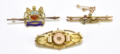 Lot 308 - Three 9ct yellow gold brooches, one enamel...