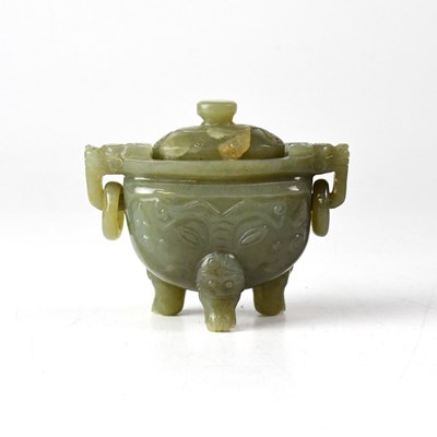 Lot 367A - A Chinese jade twin-handled lidded vessel, the...