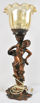 Lot 92 - A spelter figural table lamp, with glass shade,...