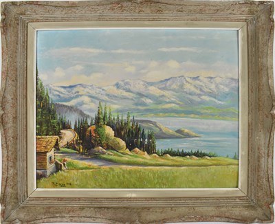 Lot 164 - R PINGON; oil on board, Alpine scene, signed...