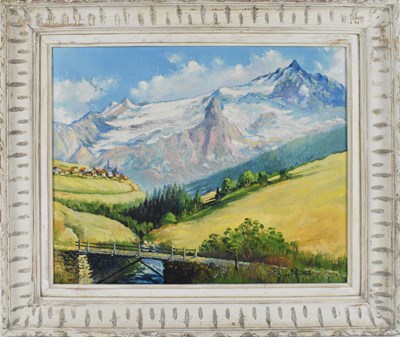 Lot 165 - R. PINGON; oil on board, Alpine scene, signed...