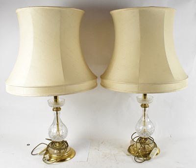 Lot 91 - A pair of brass and cut glass table lamps,...