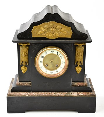 Lot 2285 - A Victorian slate and marble mantel clock,...