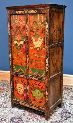 Lot 1019 - A Chinese painted pine cupboard, with a pair...