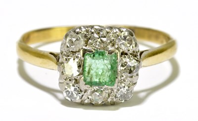 Lot 91 - An 18ct yellow gold emerald and diamond square...