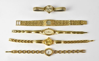 Lot 971 - Five gold-coloured ladies' wristwatches,...