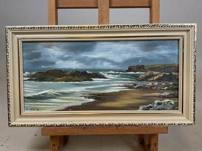 Lot 346 - JILL MICKLE; oil on board, coastal landscape,...