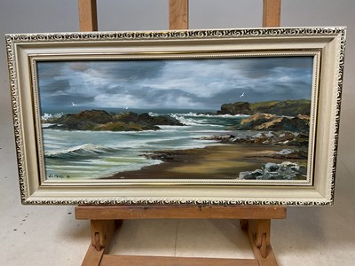 Lot 346 - JILL MICKLE; oil on board, coastal landscape,...