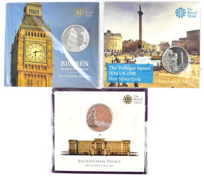 Lot 735 - THE ROYAL MINT; three 'UK £100 Fine Silver...