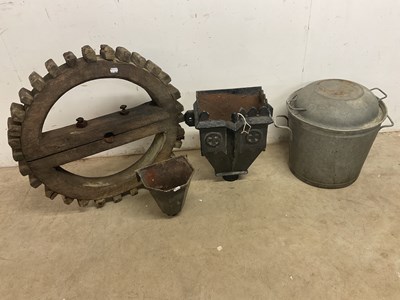 Lot 508 - A roof hopper, a wooden wheel set with teeth...