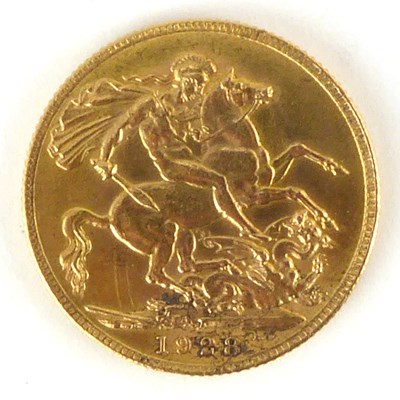 Lot 624 - A George V full sovereign 1928, George and...