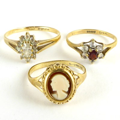 Lot 807 - Three 9ct gold dress rings comprising a cameo...