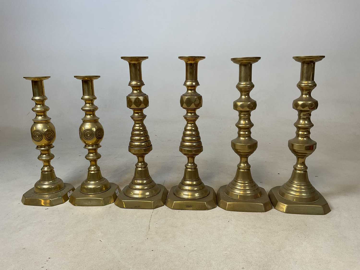 Lot 151 - Three large pairs of Victorian brass...