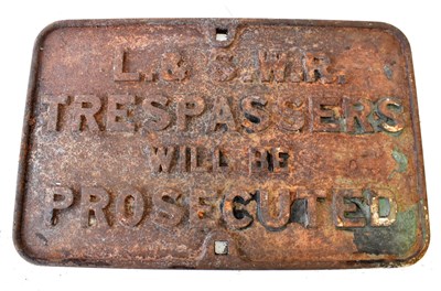 Lot 17 - RAILWAYANA; L&SWR cast iron sign, 'Trespassers...