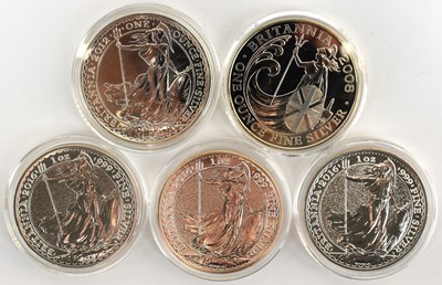 Lot 691 - Five One Ounce Fine Silver Britannia Coins, £2...