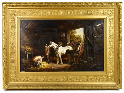 Lot 361 - AFTER G. MORELAND; oil on canvas, stable scene,...