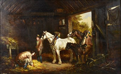 Lot 361 - AFTER G. MORELAND; oil on canvas, stable scene,...